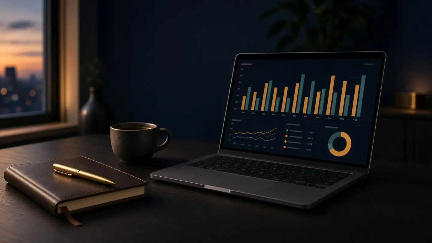 Agency cash flow dashboard on a laptop at an agency owner's desk